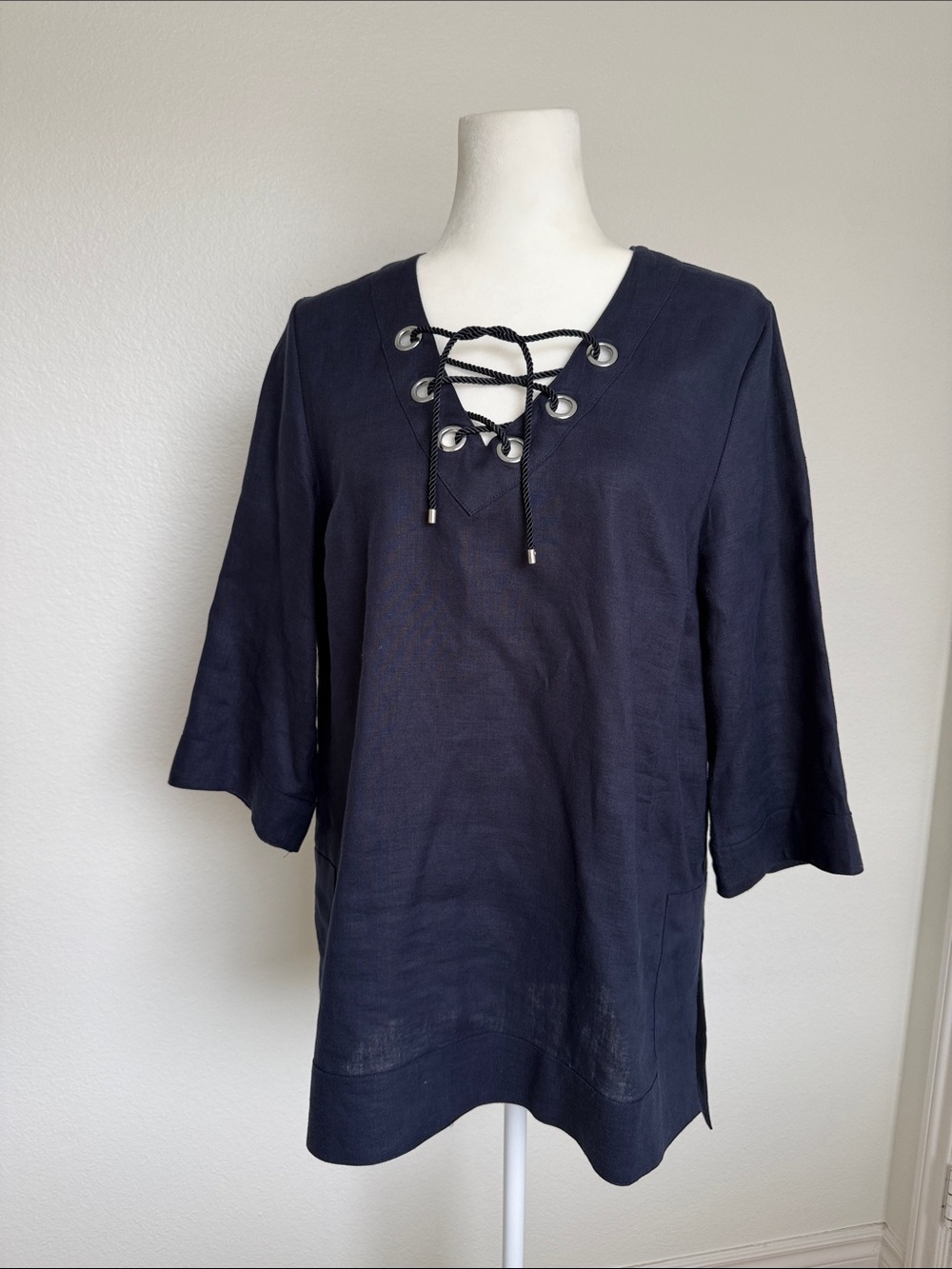Neiman Marcus Linen Navy Lace-Up Grommet Tunic